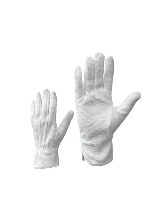 Рабочие перчатки трикотажные, белые. ПВХ точечное покрытие на ладонной части.