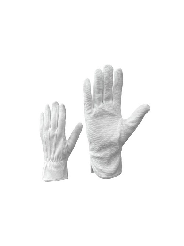 Рабочие перчатки трикотажные, белые. ПВХ точечное покрытие на ладонной части.