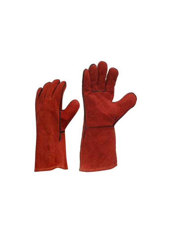 Рабочие перчатки сварочные кожаные (кожевенный спилок), красные, на подкладке, длина 35см. Краги.